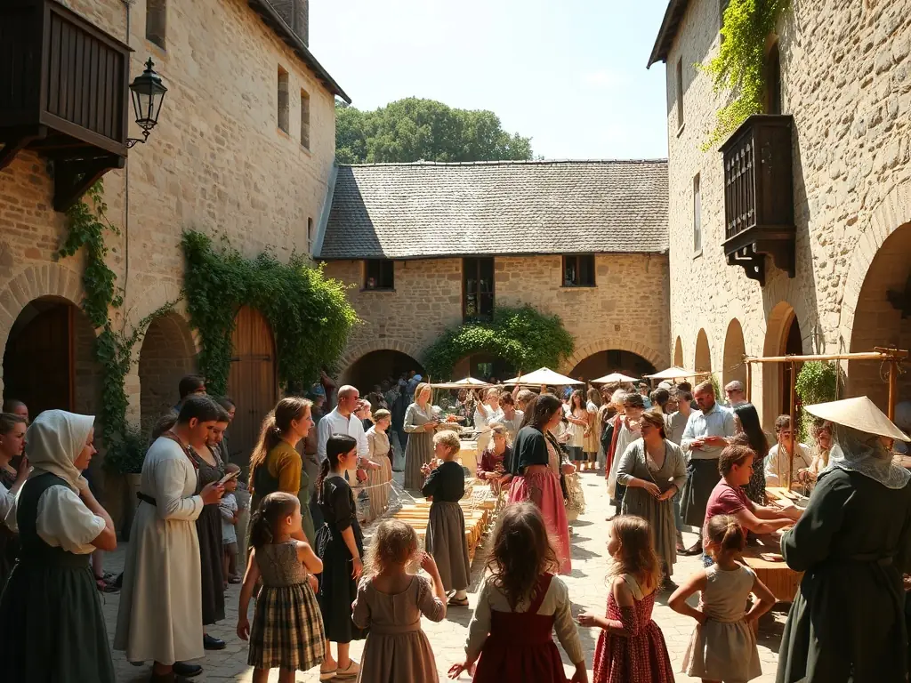 A vibrant scene from a historical reenactment event at the Prieuré de Sainte-Gemme, with participants dressed in period costumes, demonstrating traditional crafts and activities. The atmosphere is lively and engaging, showcasing the cultural heritage of the region.