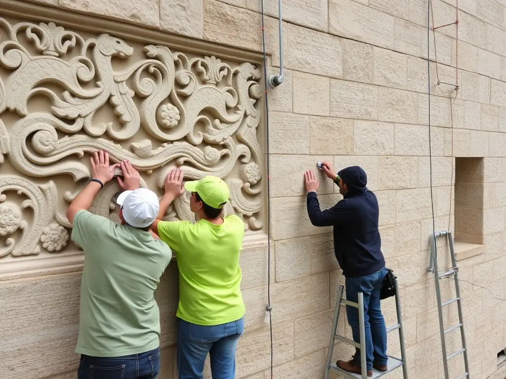 A photograph depicting volunteers working diligently to restore a section of the Prieuré de Sainte-Gemme, showcasing their dedication to preserving the historical site. The image should convey a sense of teamwork and purpose.