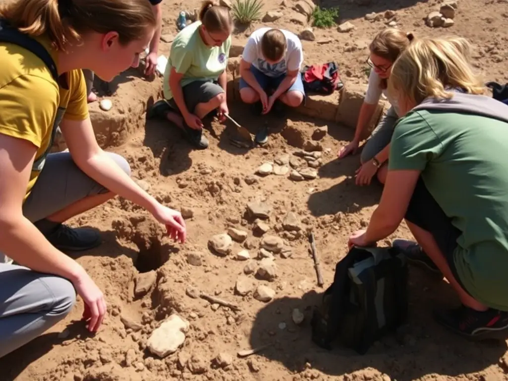 A group of local students participating in an archaeological dig at the Prieuré de Sainte-Gemme, carefully excavating artifacts under the supervision of an experienced archaeologist. The scene is educational and engaging, highlighting the hands-on learning experience.