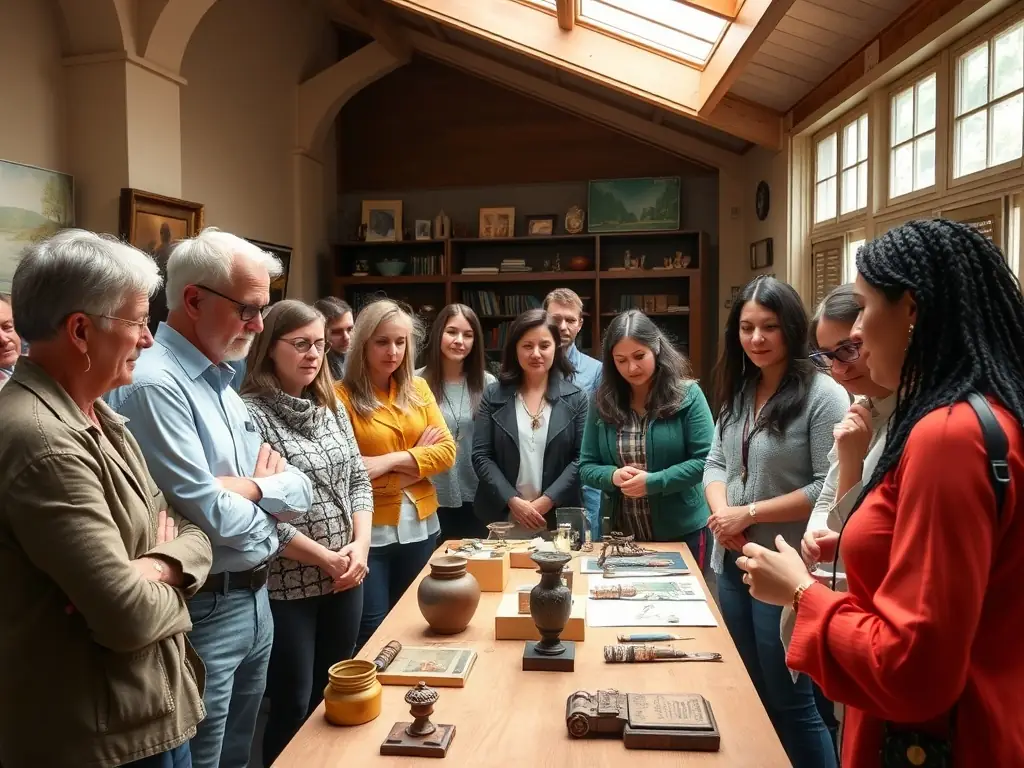 A diverse group of community members attending a lecture on the history and architecture of the Prieuré de Sainte-Gemme, led by a knowledgeable historian. The setting is a cozy, well-lit room within the Prieuré, fostering an atmosphere of learning and discovery.