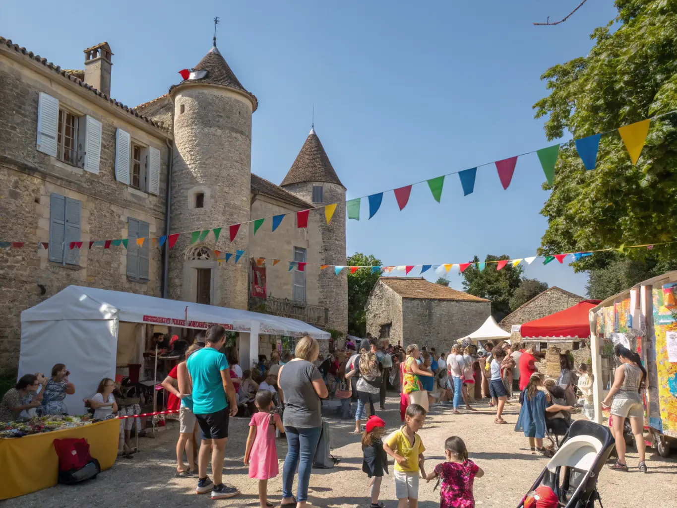 A photograph showcasing a community event held at the Prieuré de Sainte-Gemme, with local residents participating in cultural activities and celebrations. The image should convey a sense of community spirit and inclusivity.