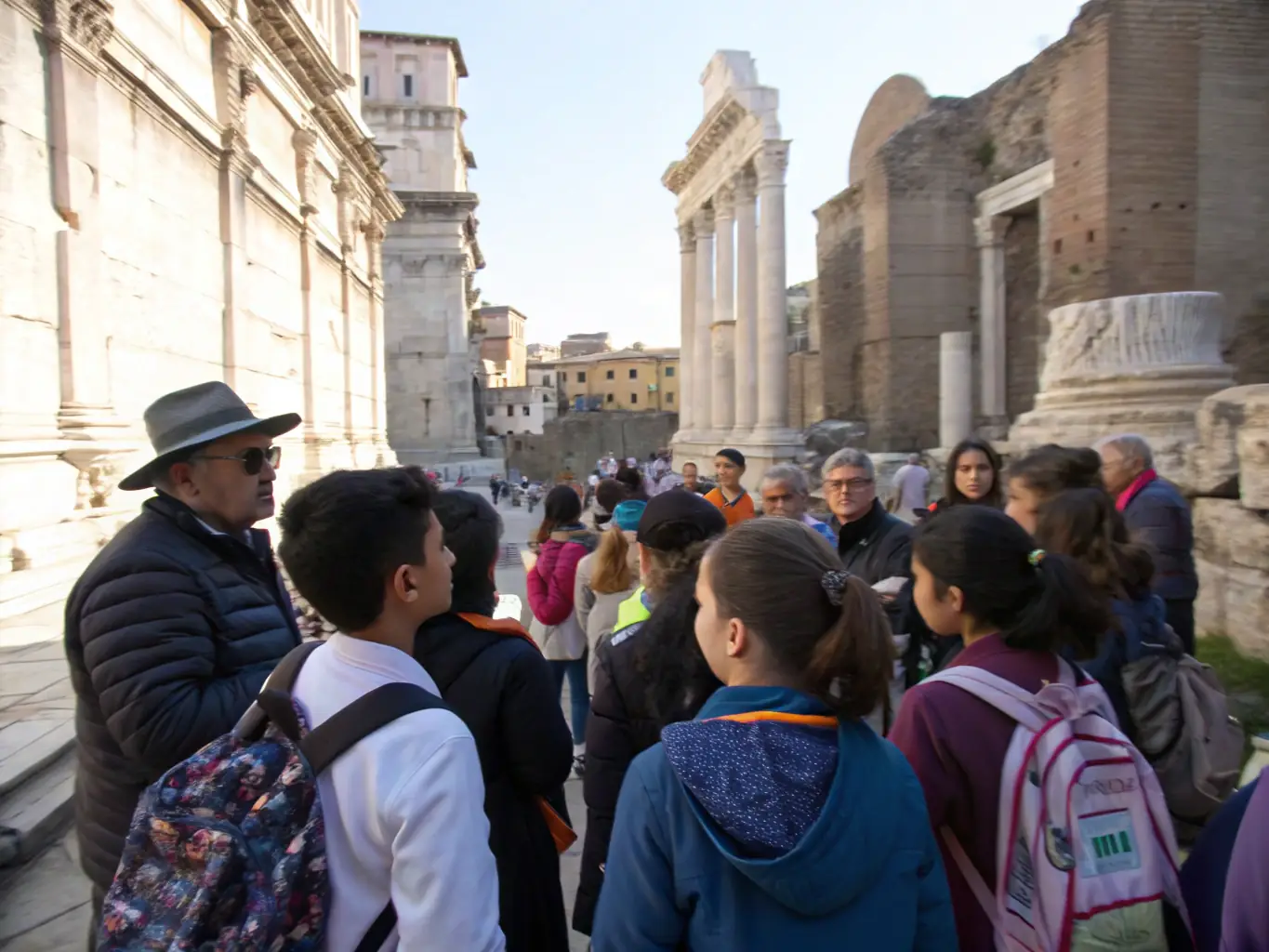 A group of volunteers participating in a guided tour of the Prieuré de Sainte-Gemme, listening attentively to the guide as they learn about the history and architectural significance of the site.