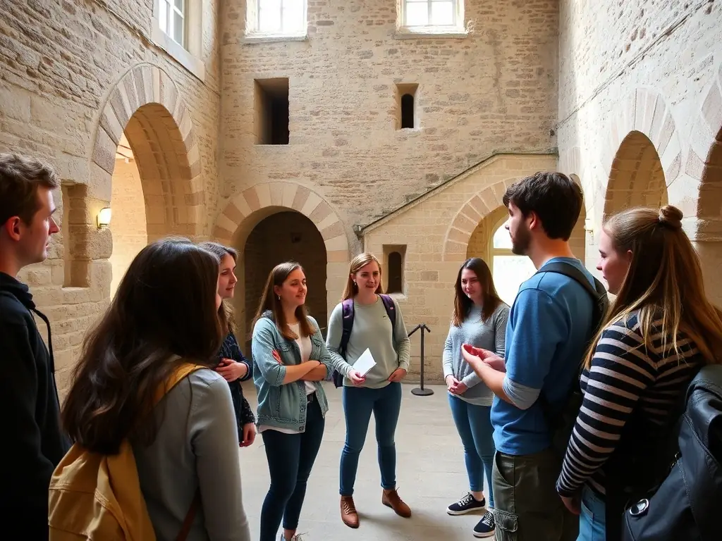 A photograph capturing a group of children participating in an educational workshop at the Prieuré de Sainte-Gemme, learning about local history and heritage. The image should be bright and engaging, highlighting the organization's commitment to education.