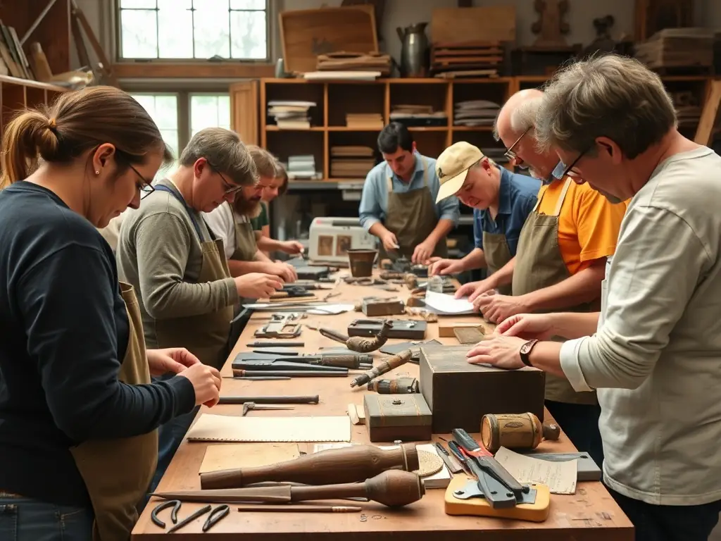 A vibrant image showcasing volunteers working on the restoration of a historical artifact at the Prieuré de Sainte-Gemme, highlighting the hands-on aspect of the heritage conservation program.
