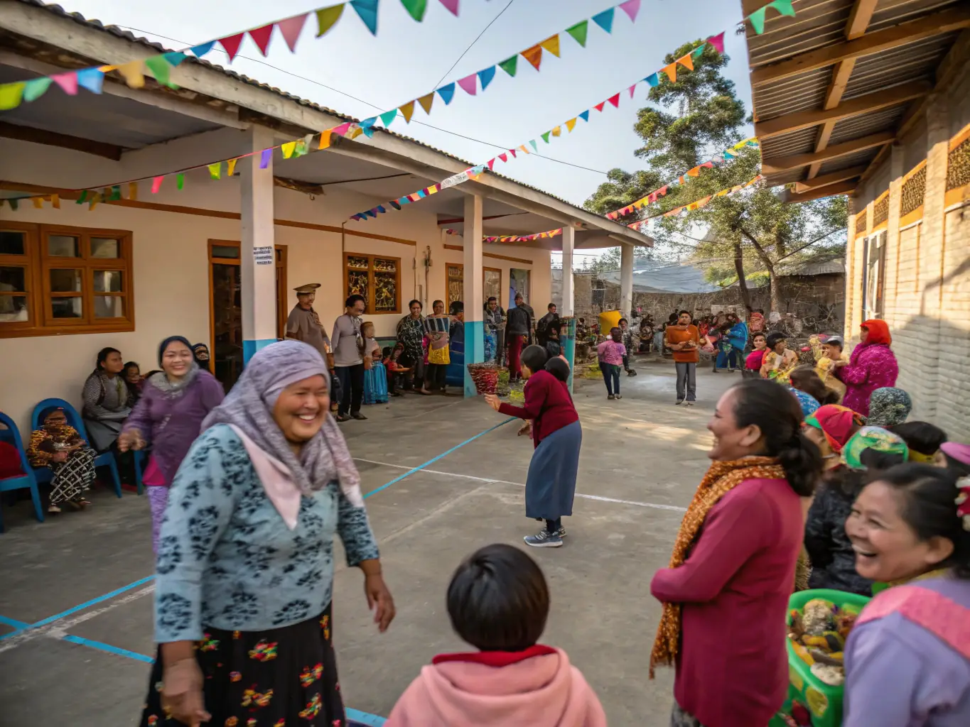 A community event at the Prieuré, showcasing local artisans and performers, with families enjoying the festivities in a vibrant and welcoming atmosphere.